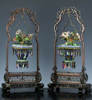 Pair Antique Chinese Filigree Silver & Enamel Floral Basket Vase Studies