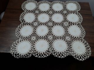Antique Vintage Linen & Hand Crocheted Ecru Table Topper Tablecloth 17 " Square