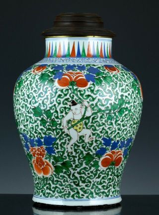 Large Antique Chinese Kangxi Blue White Wucai Enamel Boys Porcelain Jar Vase