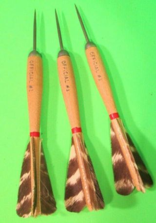 Vtg 3 Tournament Darts Official No.  1 Wooden Turkey Feather Steel Tipped Darts