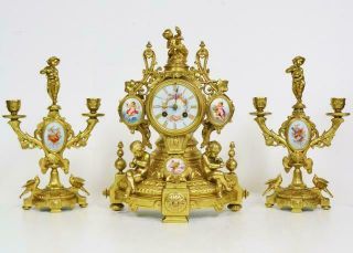 Antique French Bronze Ormolu Sevres Porcelain & Cherub Mantle Clock 3 Piece Set