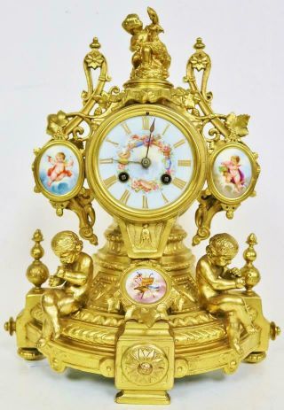 Antique French Bronze Ormolu Sevres Porcelain & Cherub Mantle Clock 3 Piece Set 2