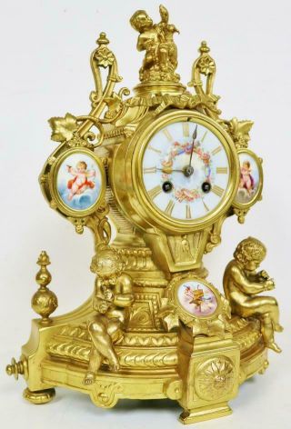 Antique French Bronze Ormolu Sevres Porcelain & Cherub Mantle Clock 3 Piece Set 3
