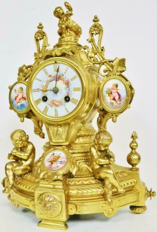 Antique French Bronze Ormolu Sevres Porcelain & Cherub Mantle Clock 3 Piece Set 6