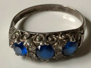 Antique Vintage Victorian Sterling Silver Gypsy Ring With Blue Stones Size P 1/2