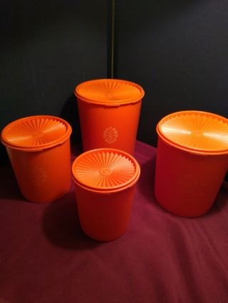 Set Of 4 Vintage Tupperware Orange Nesting Canisters W/ Lids.  Exc Cond