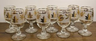 Vintage Libbey Frosted Gold Leaf Knob Stemmed Cordial Goblets Glasses (set Of 8)