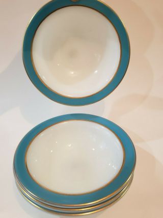 Set Of 4 Vintage Pyrex Milk Glass Teal Band Gold Trim Cereal Dessert Bowls 6¼ "