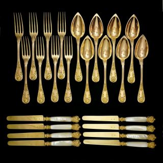 24pc Antique French Sterling Silver Gold Vermeil Flatware Set Pearl Knives