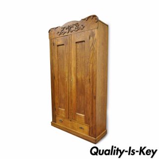 82 " Antique American Victorian Golden Oak Wood Clothing Wardrobe Dresser Cabinet