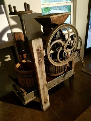 Cast Iron And Wood Fruit Press Wine Grape Vintage Antique Winery