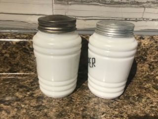 Vintage White Milk Glass Salt & Pepper Shaker Set Bee Hive Ribbed Black Letters 2
