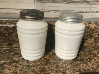 Vintage White Milk Glass Salt & Pepper Shaker Set Bee Hive Ribbed Black Letters 3