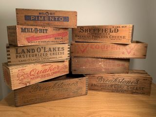 Nine Vintage Primitive Wooden Cheese Boxes - 2 Lb To 5 Lb Net Wt