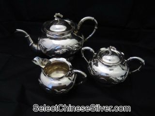 Antique Chinese Export Silver Tea Set,  4 Claw Dragons,  Po Cheng,  C1900