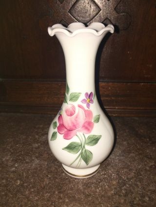 Vintage Milk Glass Vase Hand Painted Rose Floral Victorian Ruffled Top Gold Trim