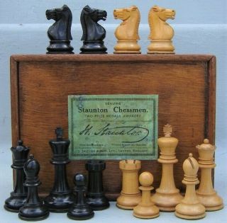 Antique English Jaques Of London Staunton Ebony & Boxwood Library Size Chess Set
