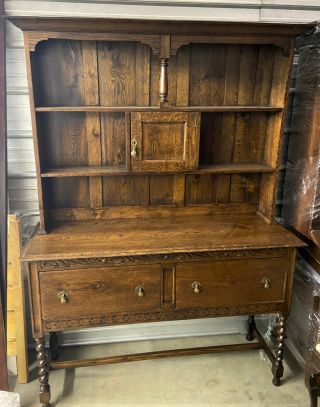 Antique English Welsh Tiger Oak Dresser China Cupboard Farmhouse Hutch - We Ship