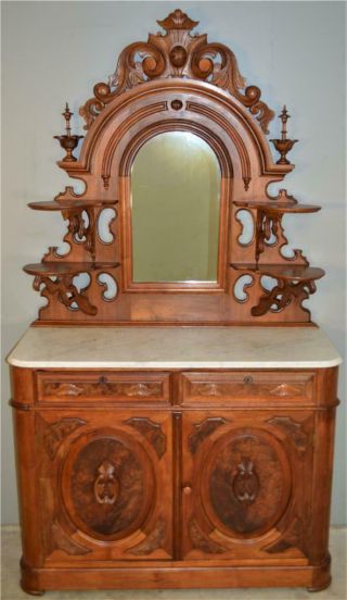18784 Victorian Burl Walnut Marble Top Carved Sideboard