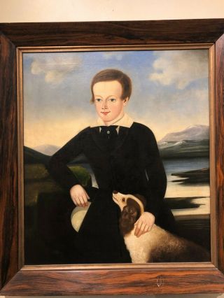 Large Antique 19th Century Portrait Painting Of A Boy With His Dog,  C 1820