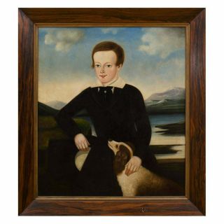 Large Antique 19th Century Portrait Painting of a Boy with his Dog,  c 1820 2