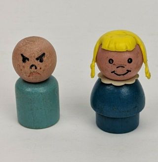 Vtg Fisher Price Little People Wood Straight Side Angry Mean Boy Blue Girl