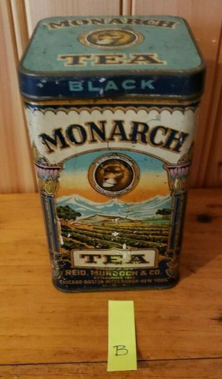 Vintage Monarch Black Tea Tin,  Reid,  Murdoch & Co.  8 Oz.  Hinged Lid Usa B