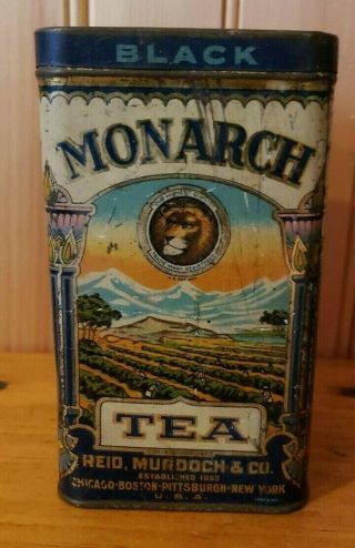 Vintage Monarch Black Tea Tin,  Reid,  Murdoch & Co.  8 oz.  Hinged Lid USA B 3