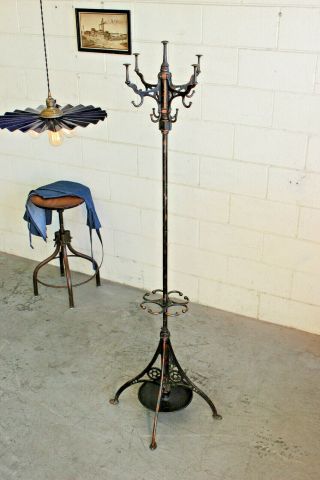 Antique Victorian Cast Iron Copper Flash Japanned Coat Hat Stand Rack Hall Tree