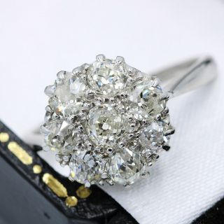 Antique 18ct White Gold,  1.  90ct Old Cut Diamond Cluster Ring