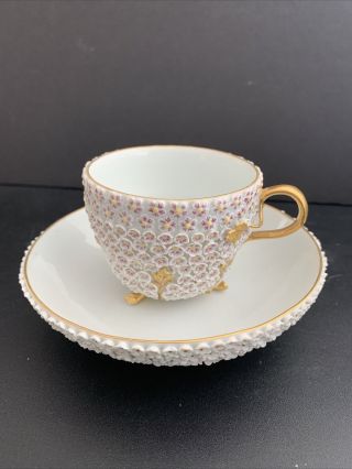 Antique Meissen Porcelain Schneeballen Cup And Saucer