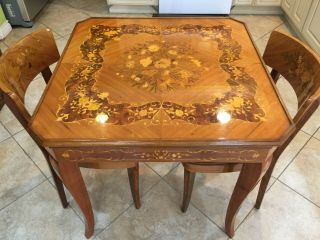 Vintage Italian Inlaid Wooden Game Table W/2 Chairs,  Made In Italy
