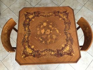 Vintage Italian Inlaid Wooden Game Table w/2 Chairs,  Made in Italy 2