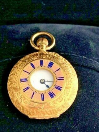 Antique Vintage Enameled Swiss Half Hunter Solid 18k Gold Pocket Watch