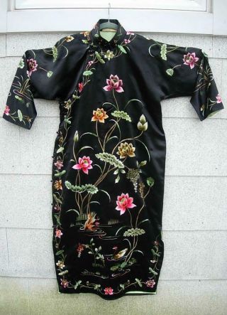 Early 20thc Chinese Embroidered Black Silk Robe Cheongsam W Label