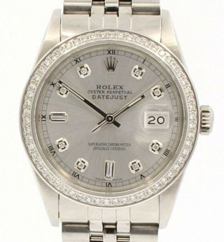 Mens Vintage Rolex Oyster Perpetual Datejust 36mm Silver Dial Diamond Watch