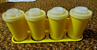 Vtg Tupperware Plastic Yellow Wall Spice Rack 4 Shakers Set