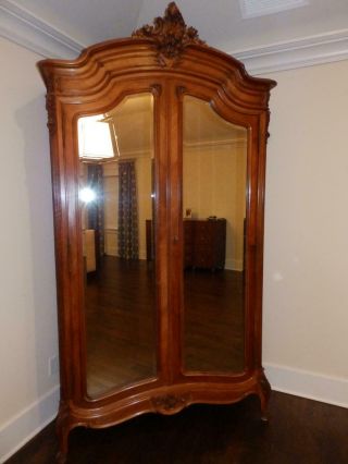 19th Century French Louis Xvi Carved Walnut Armoire Wardrobe Beveled Mirror Door