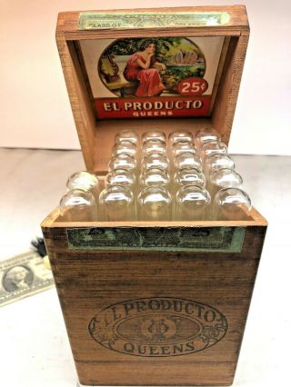 ⭐rare Vintage El Producto Queens Cigar Wood Box With 22 Glass Tubes Class G⭐