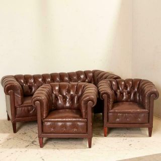 Antique Set Of Brown Vintage Leather Chesterfield Sofa And Club Chairs,