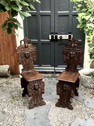 Antique Pair Italian Gothic Sgabello Chairs