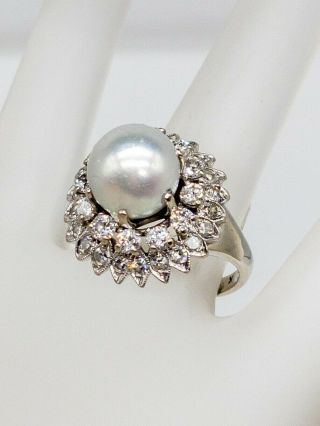 Antique $6000 10mm South Sea Natural Pearl 2ct Vs H Diamond 14k White Gold Ring