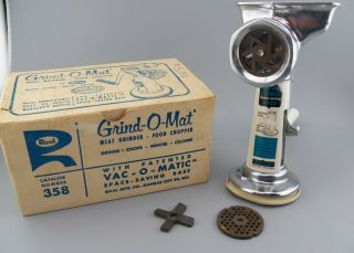 Vintage Rival 358 Grind - O - Mat Meat Grinder Food Chopper White w/ Orig.  Box GUC 2