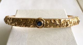 Antique Art Nouveau 14k Signed Riker Bangle Bracelet With Sapphires & Flowers