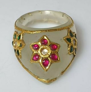 A Fine 18th /19th Century Mughal Gem - Set Jade Archers Ring.