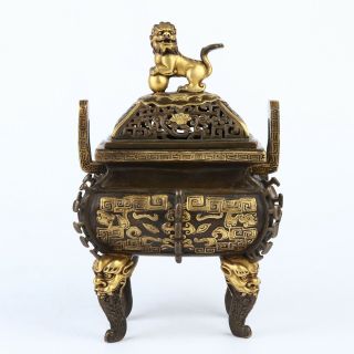 Antique Chinese Lion Gilt Bronze Incense Burner Censer