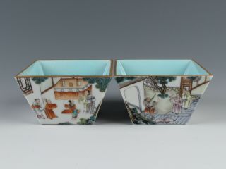 Antique Chinese Color Famille Verte Figures Porcelain Bowl A Pair