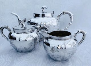 Antique Chinese export Sterling Silver Teas Set Splendid Decor 3