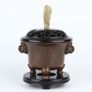 Antique Chinese Bronze Incense Burner Censer With Jade Figures