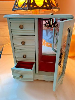 Vintage Painted Cherry? Solid Wood Jewelry Treasure Box W/ Mirror &10k Gf Locket